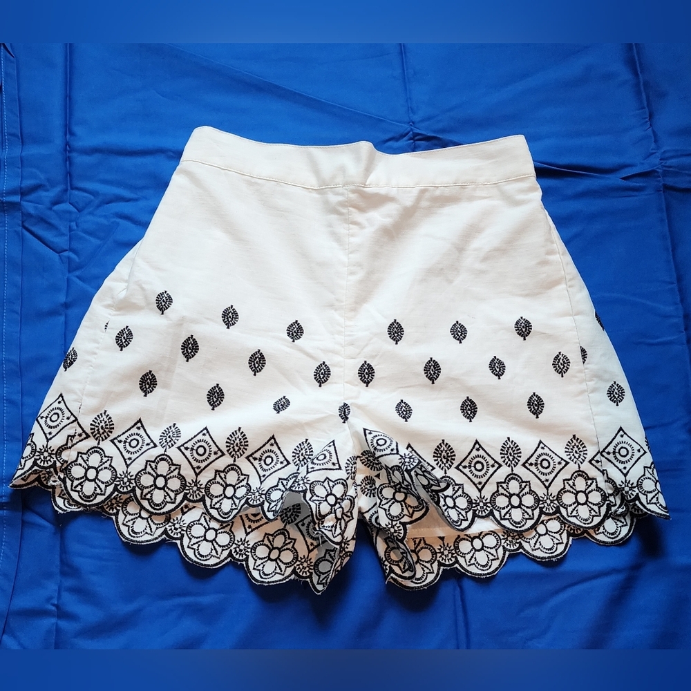 New, Adorable 100% White Cotton Shorts With Black Embriodery. Size Small.